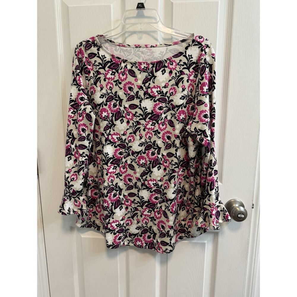 Kim Rogers Xl Pink Floral Flutter 3/4 Sleeve 100% Cotton Top Preowned